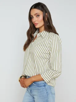 L'AGENCE Spring Collection|Blouses & Tops|Daniella Cotton-Blend Blouse Dried Herb/White Stripe