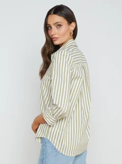 L'AGENCE Spring Collection|Blouses & Tops|Daniella Cotton-Blend Blouse Dried Herb/White Stripe