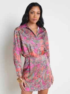 L'AGENCE Print Edition|Spring Collection|Demetria Mini Shirt Dress Rhodamine Multi Bright Pop Paisley