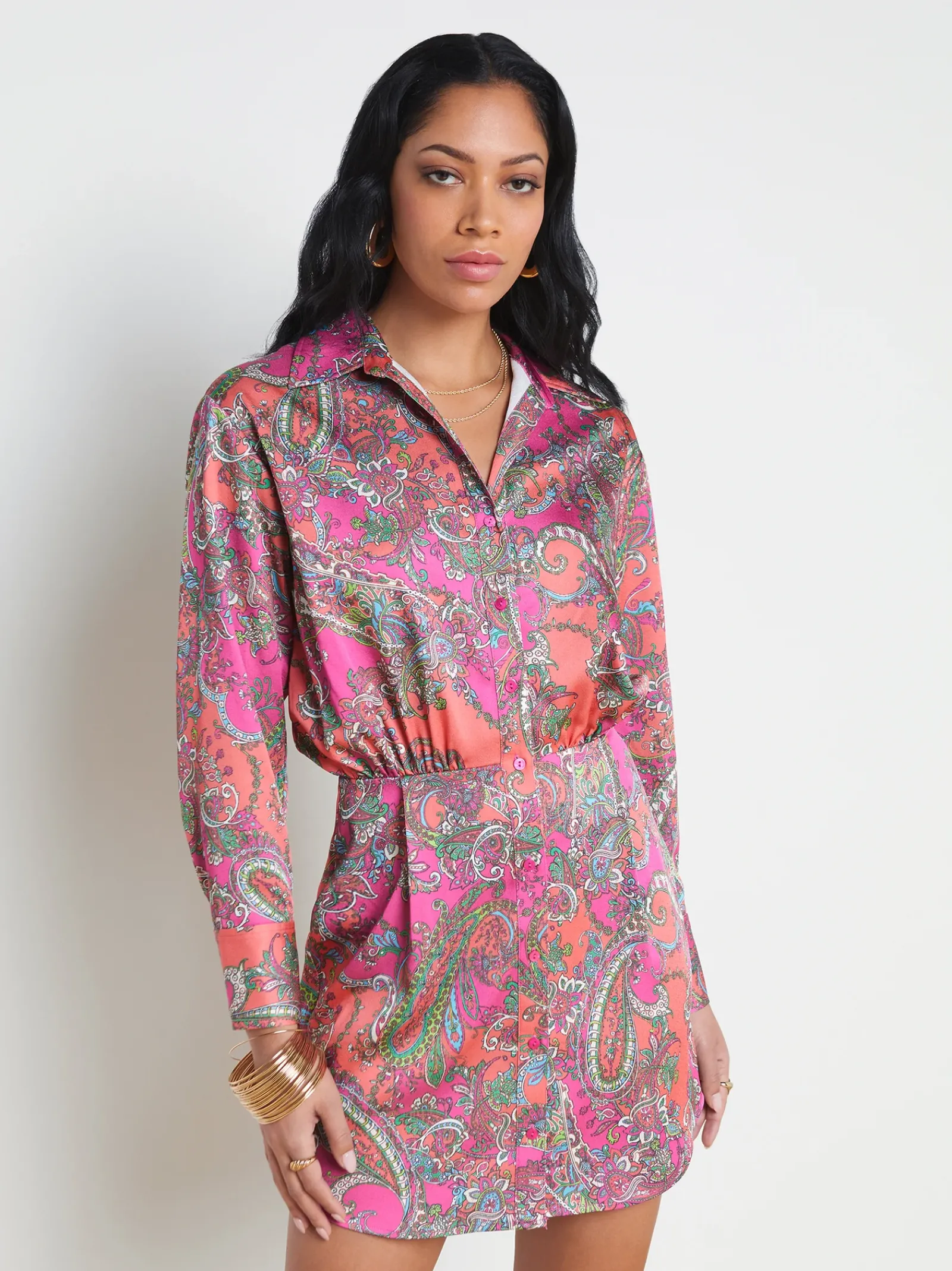 L'AGENCE Print Edition|Spring Collection|Demetria Mini Shirt Dress Rhodamine Multi Bright Pop Paisley