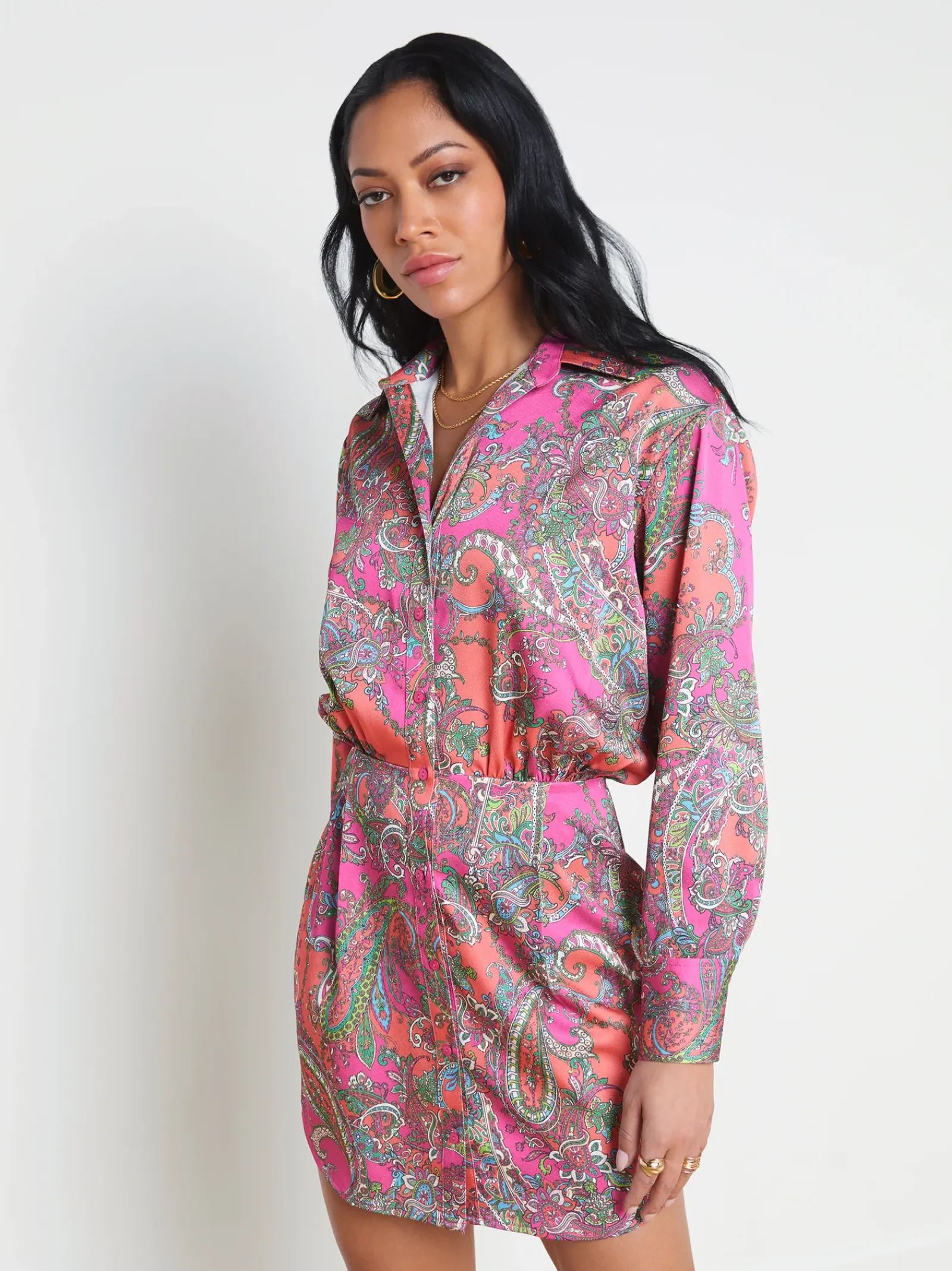 L'AGENCE Print Edition|Spring Collection|Demetria Mini Shirt Dress Rhodamine Multi Bright Pop Paisley