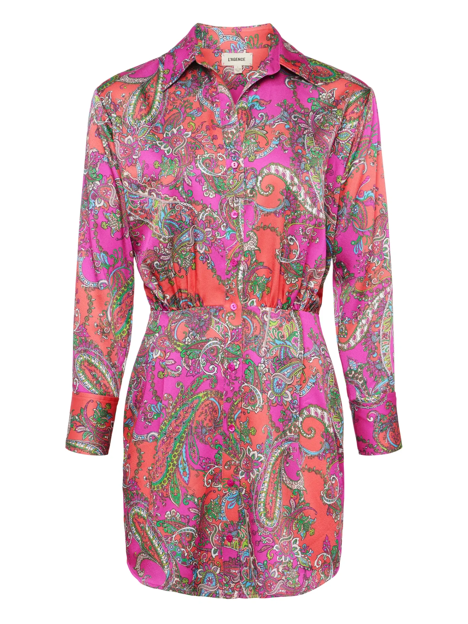 L'AGENCE Print Edition|Spring Collection|Demetria Mini Shirt Dress Rhodamine Multi Bright Pop Paisley