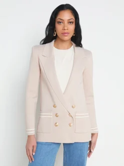 L'AGENCE Spring Collection|Best Sellers|Eileen Knit Boyfriend Blazer Ash Rose with Ivory/Gold Stripe