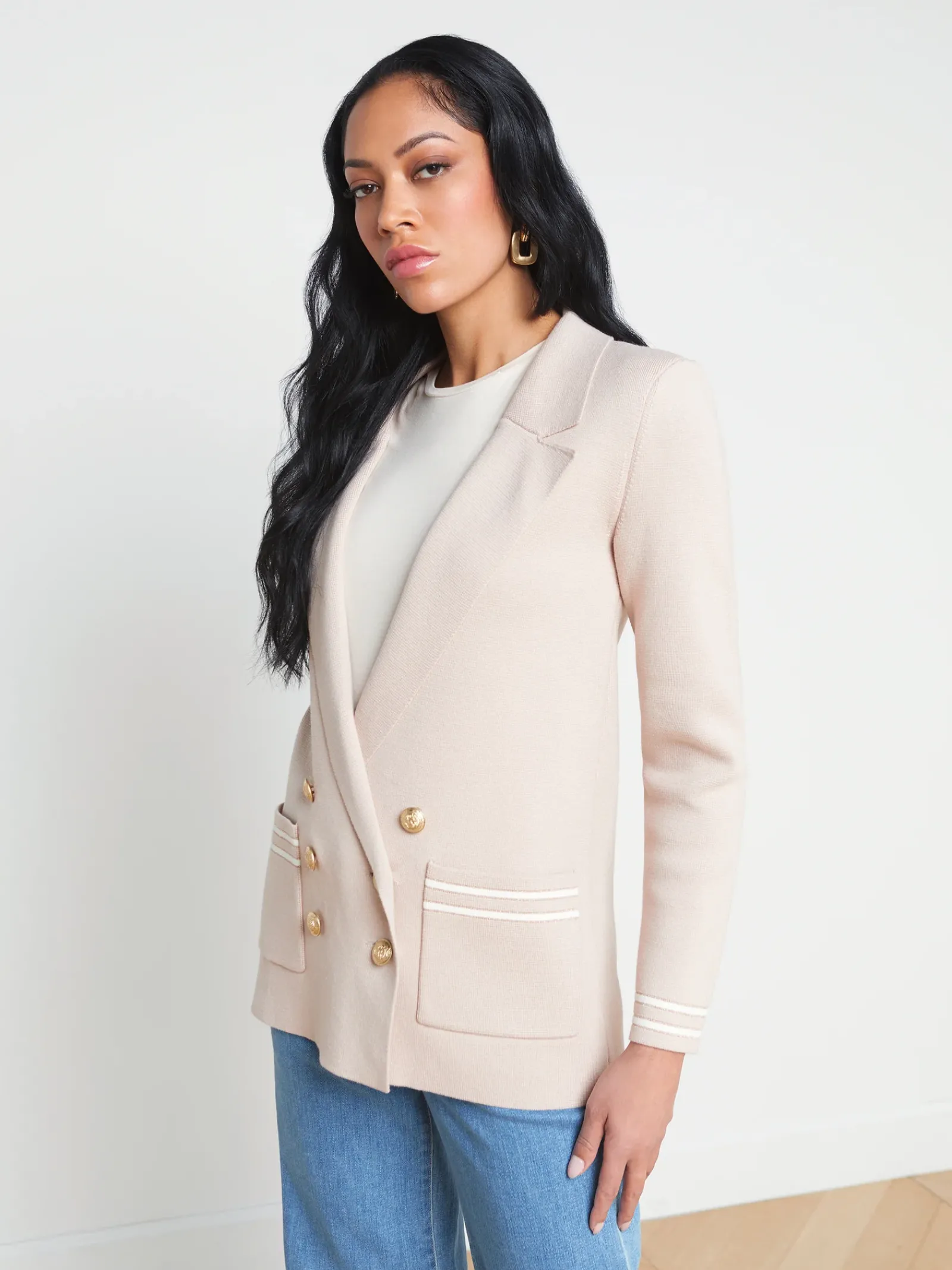 L'AGENCE Spring Collection|Best Sellers|Eileen Knit Boyfriend Blazer Ash Rose with Ivory/Gold Stripe