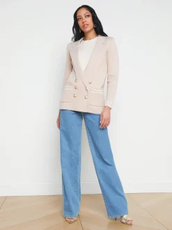 L'AGENCE Spring Collection|Best Sellers|Eileen Knit Boyfriend Blazer Ash Rose with Ivory/Gold Stripe