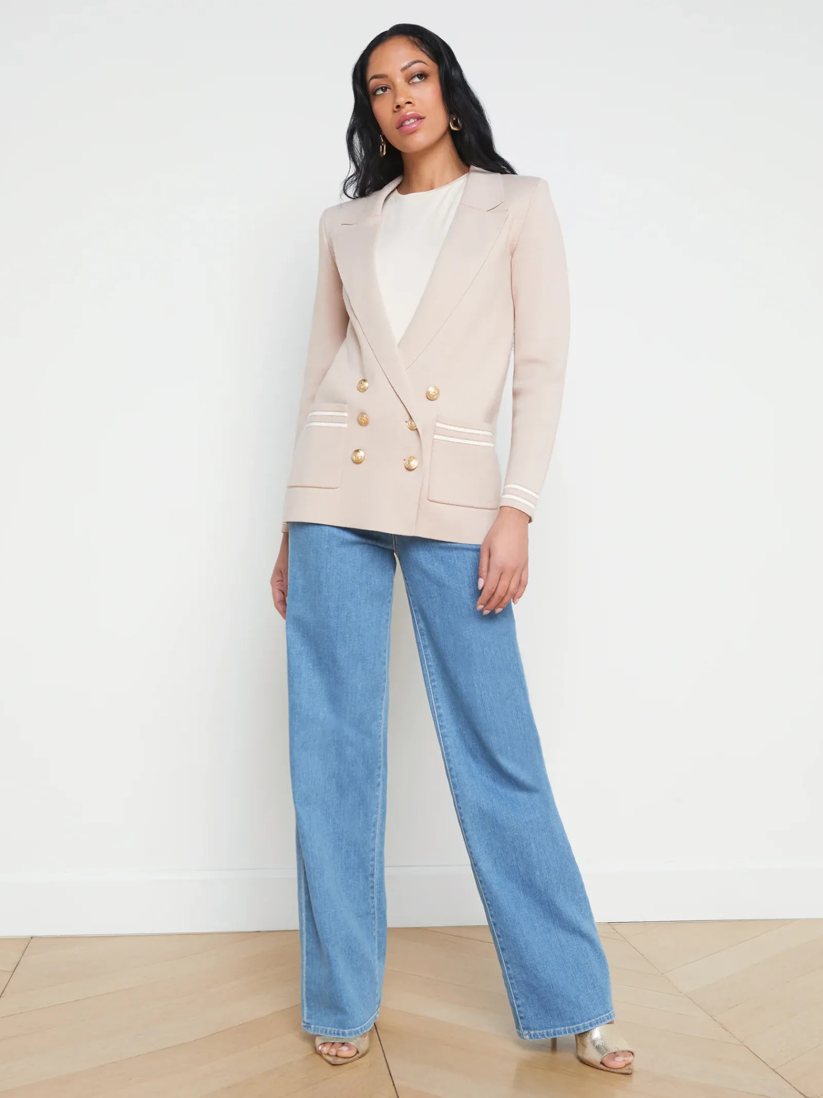 L'AGENCE Spring Collection|Best Sellers|Eileen Knit Boyfriend Blazer Ash Rose with Ivory/Gold Stripe