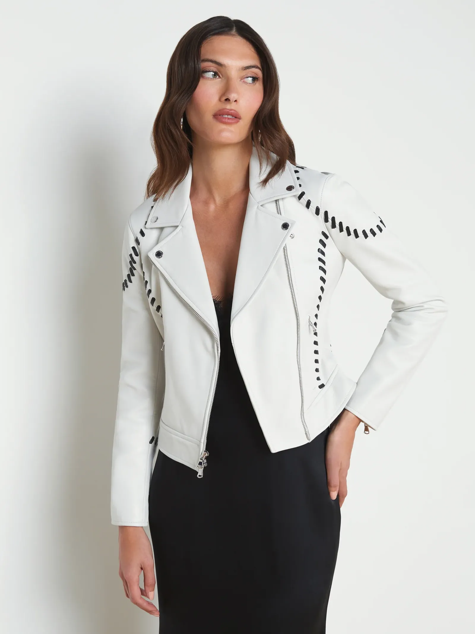 L'AGENCE Spring Collection|Leather|Eleana Whipstitch Leather Jacket Ivory/Black