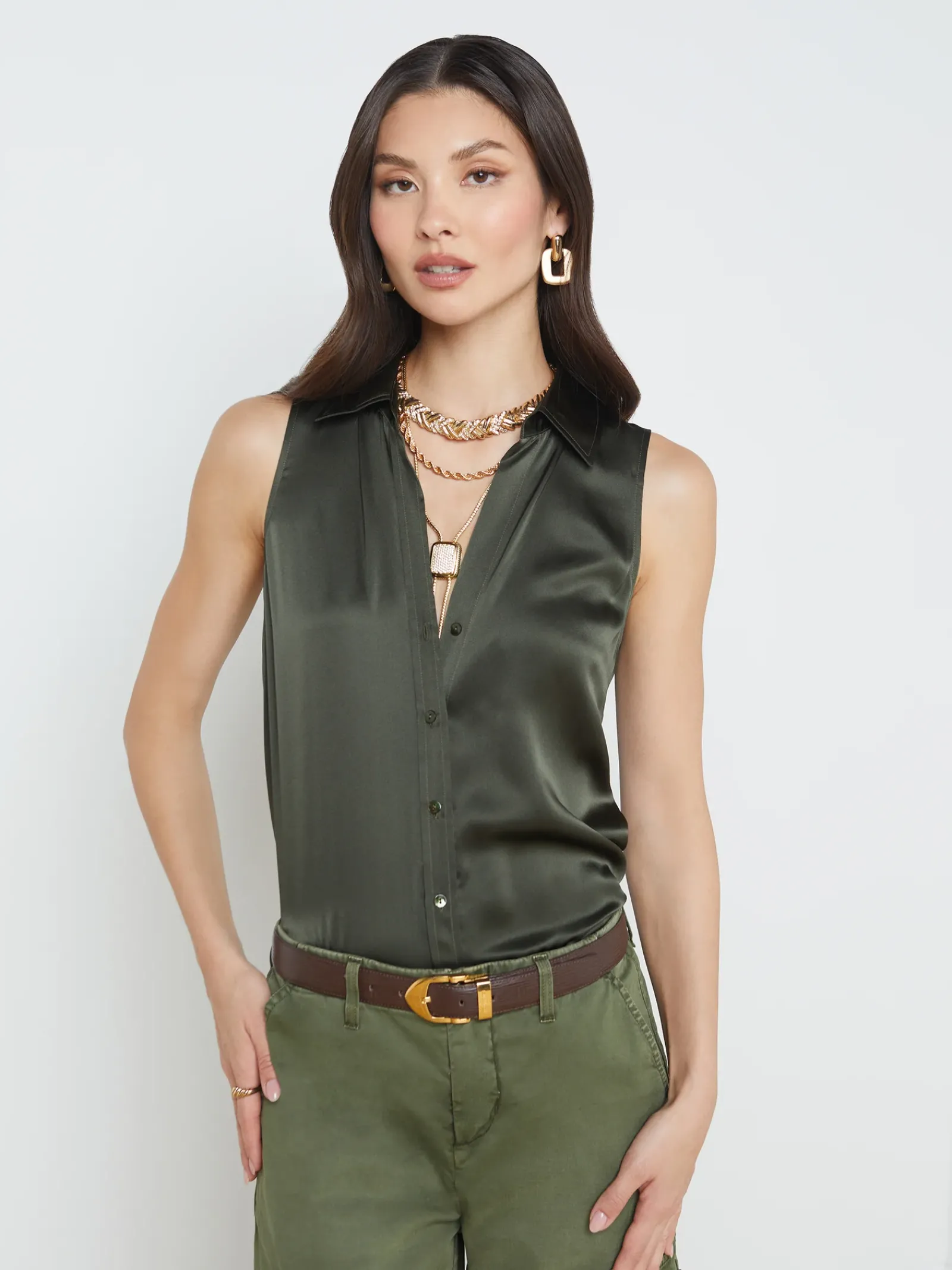 L'AGENCE Resort Collection|Silks|Emmy Sleeveless Silk Blouse Army