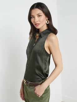 L'AGENCE Resort Collection|Silks|Emmy Sleeveless Silk Blouse Army