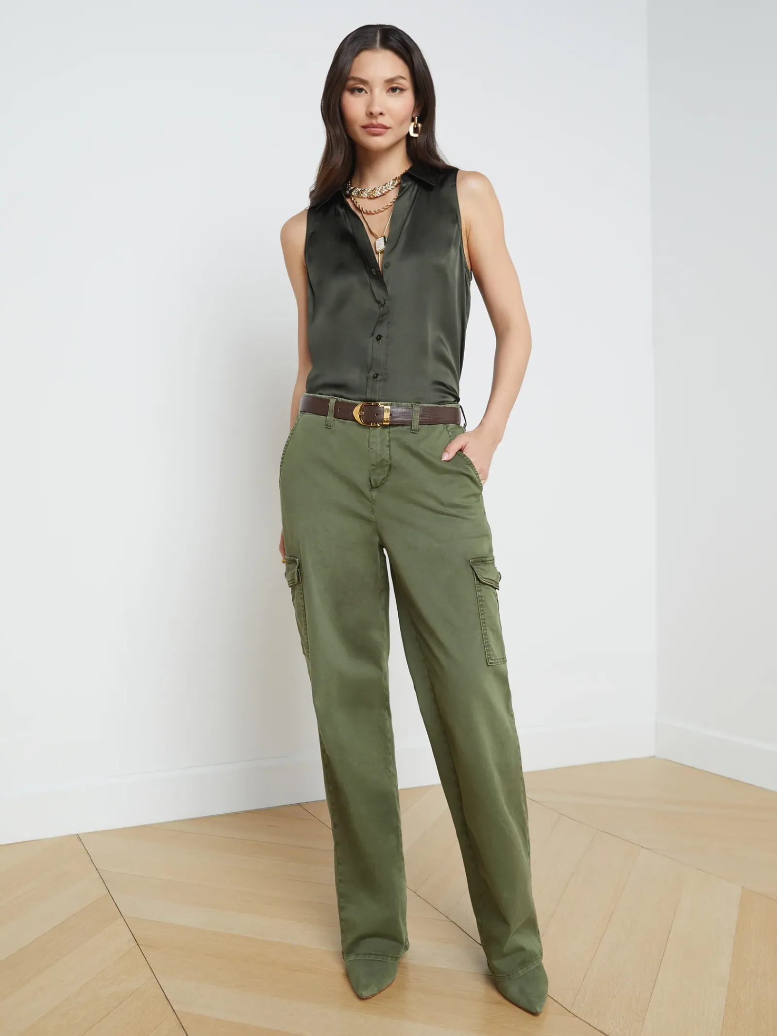 L'AGENCE Resort Collection|Silks|Emmy Sleeveless Silk Blouse Army