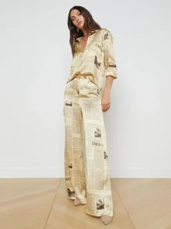 L'AGENCE Print Edition|Silks|Gavin Silk Wide-Leg Pant Vintage Tan Newspaper