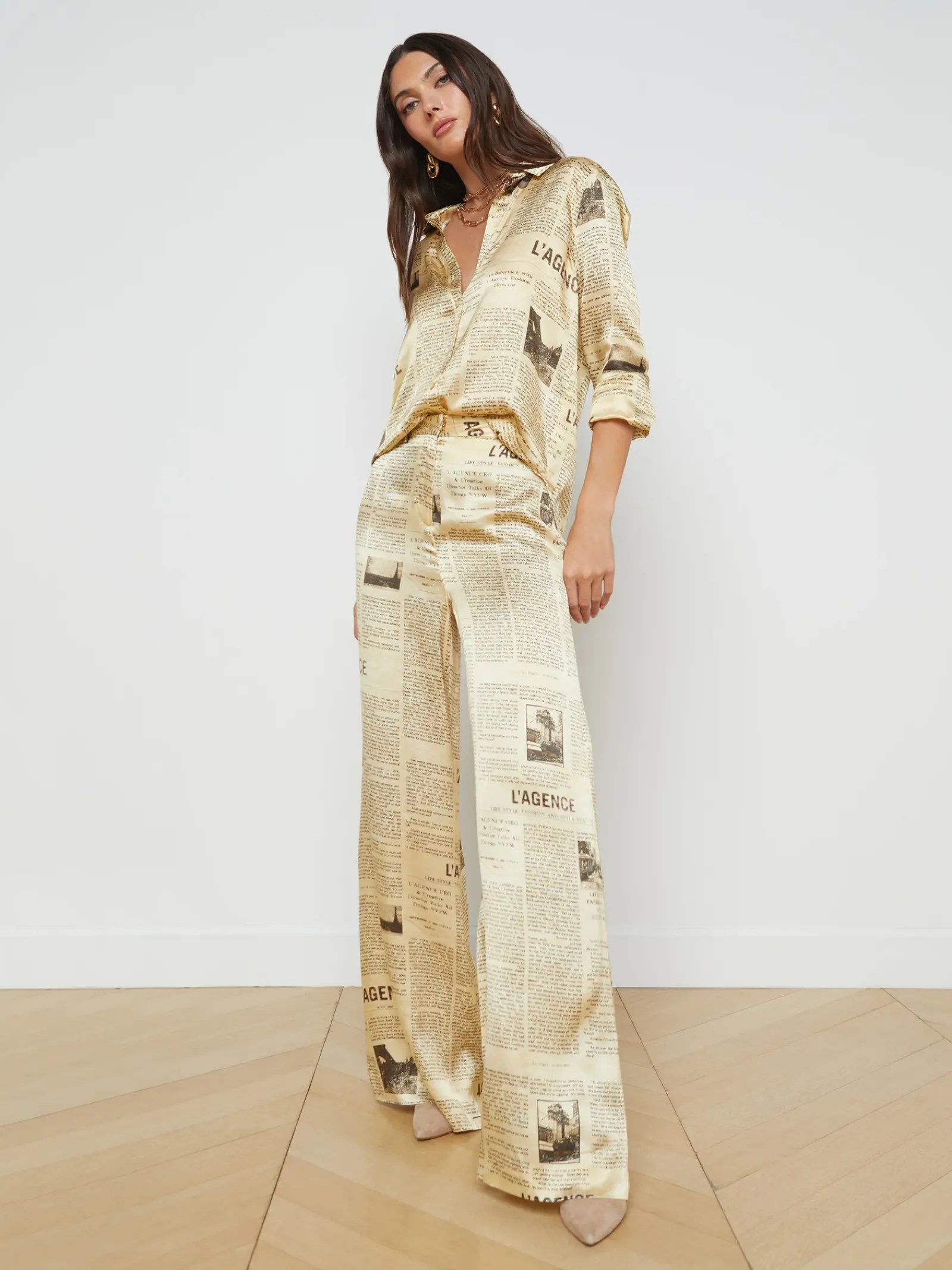 L'AGENCE Print Edition|Silks|Gavin Silk Wide-Leg Pant Vintage Tan Newspaper