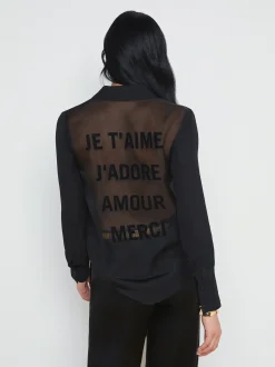 L'AGENCE All Things Black|Spring Collection|Hallie Silk-Organza Graphic Blouse Black French Words