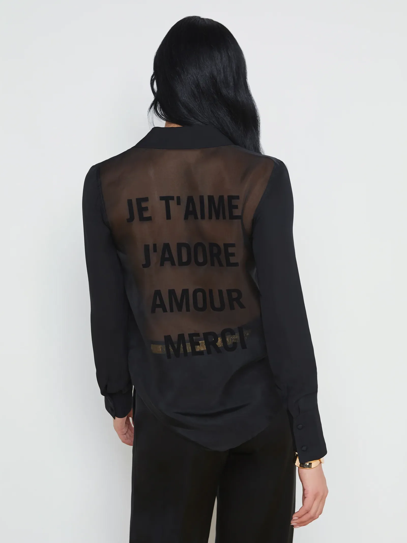 L'AGENCE All Things Black|Spring Collection|Hallie Silk-Organza Graphic Blouse Black French Words