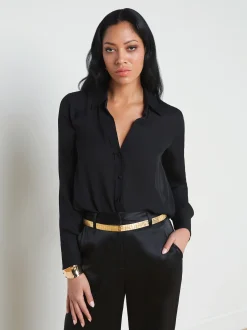 L'AGENCE All Things Black|Spring Collection|Hallie Silk-Organza Graphic Blouse Black French Words