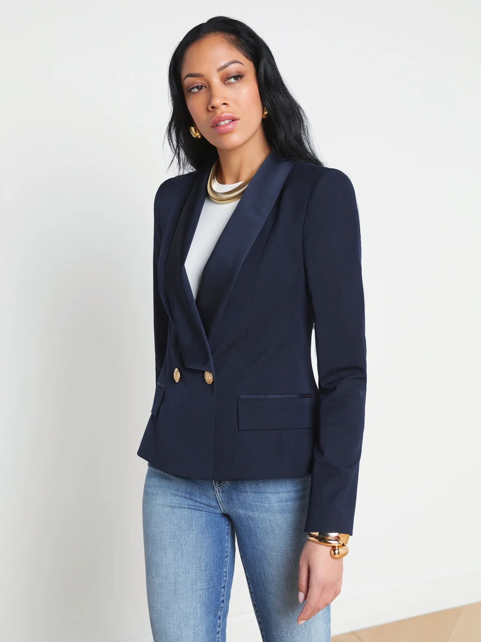 L'AGENCE Spring Collection|Best Sellers|Imogen Satin Lapel Blazer Midnight
