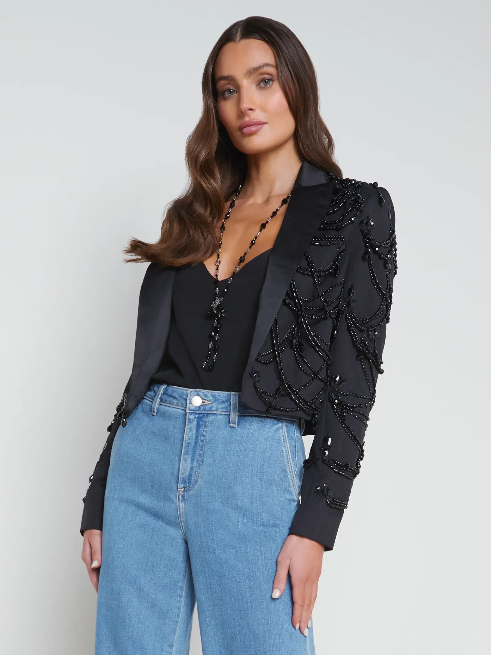 L'AGENCE All Things Black|Spring Collection|Jen Beaded Cropped Blazer Black