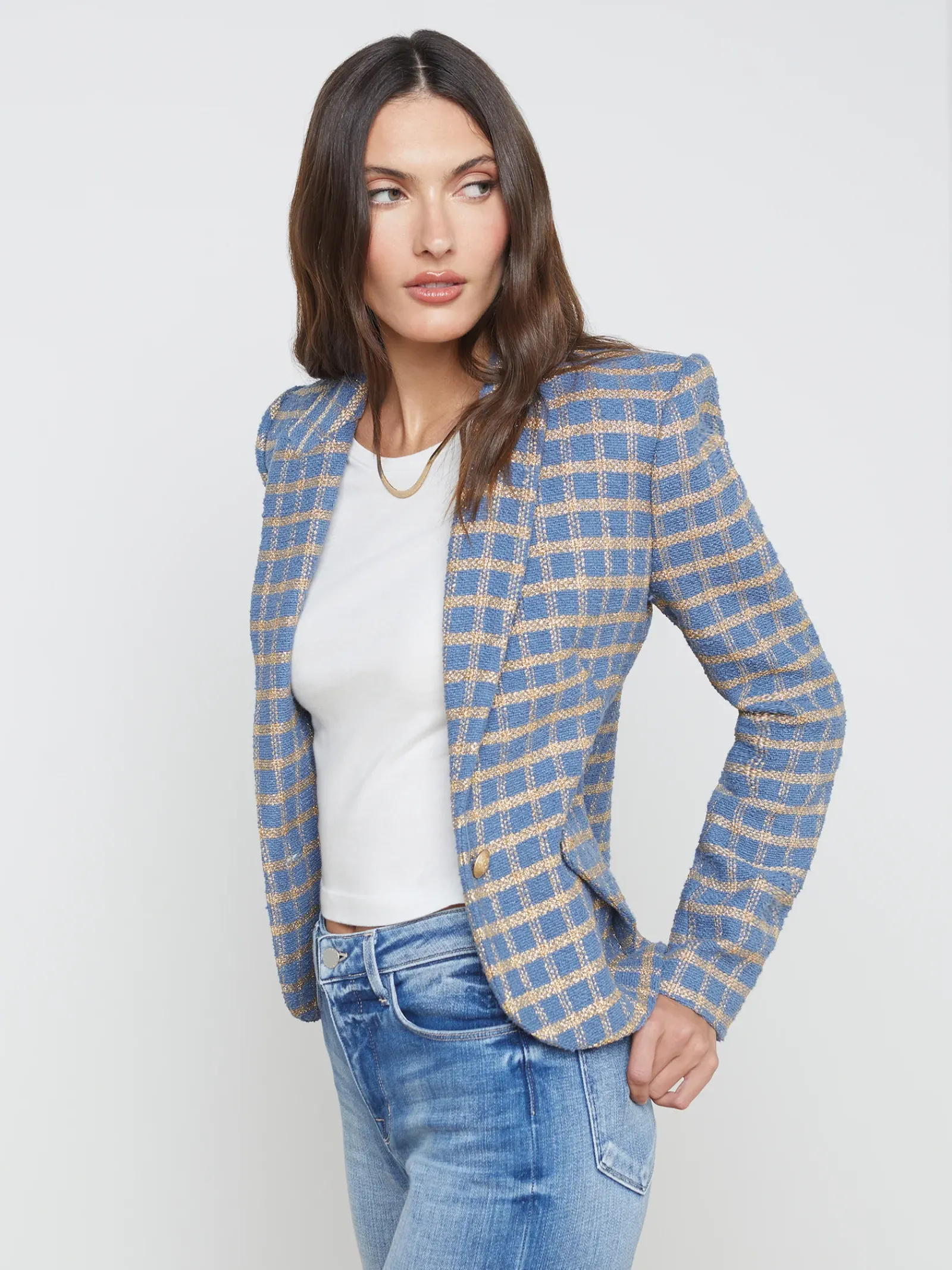 L'AGENCE Resort Collection|Blazers & Jackets|Jennah Blazer Blue Horizon/Gold Plaid