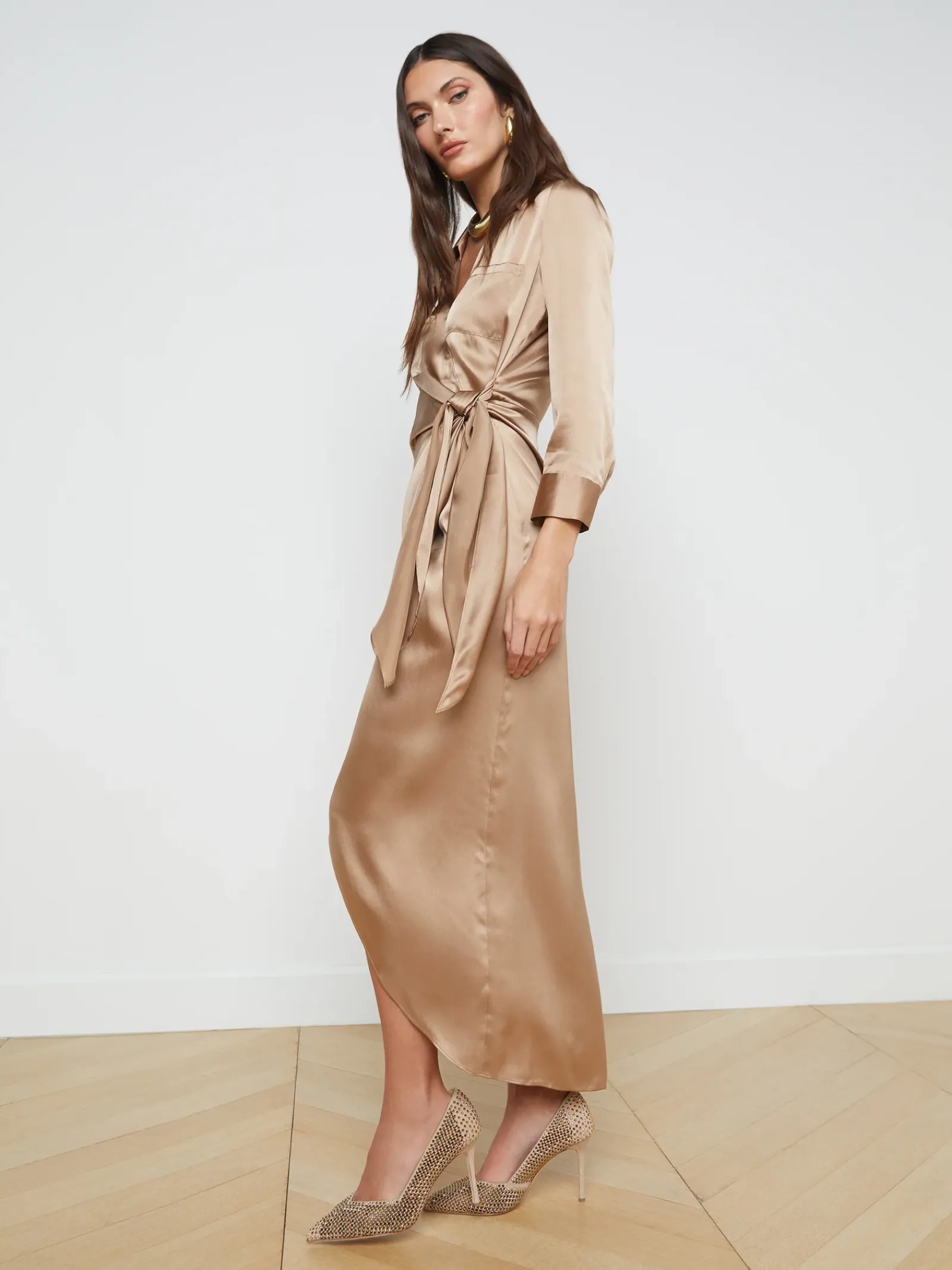 L'AGENCE Resort Collection|Maternity|Kadi Silk Wrap Dress Dark Cappuccino