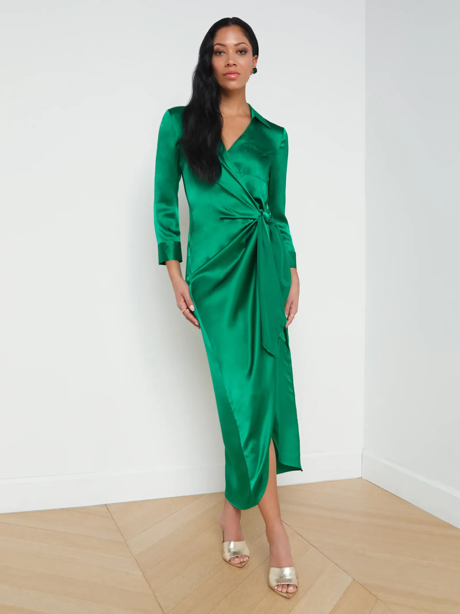 L'AGENCE Spring Collection|Silks|Kadi Silk Wrap Dress Sea Green