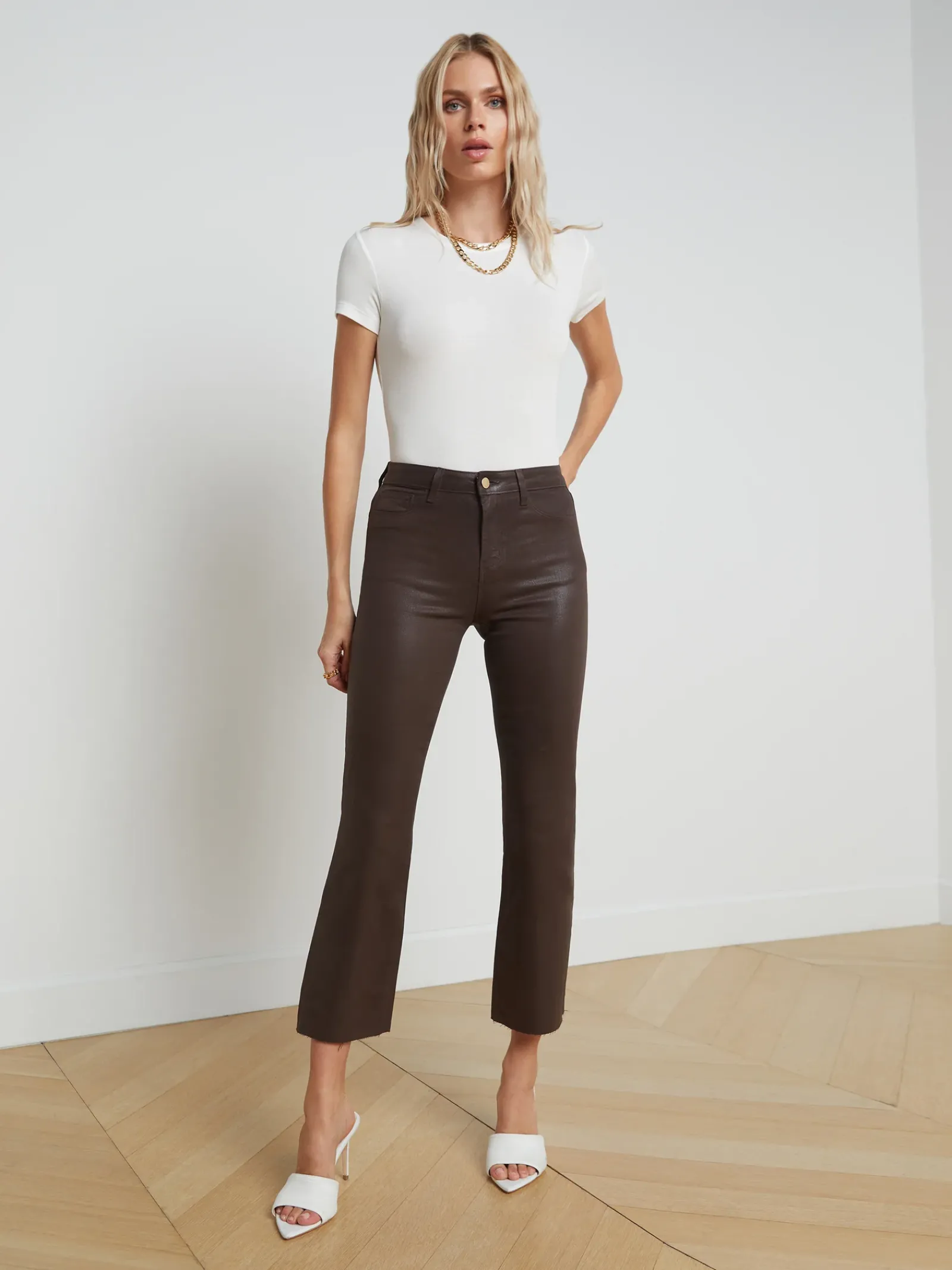 L'AGENCE Petite|Flare & Bootcut|Kendra Coated Cropped Flare Jean Espresso Coated
