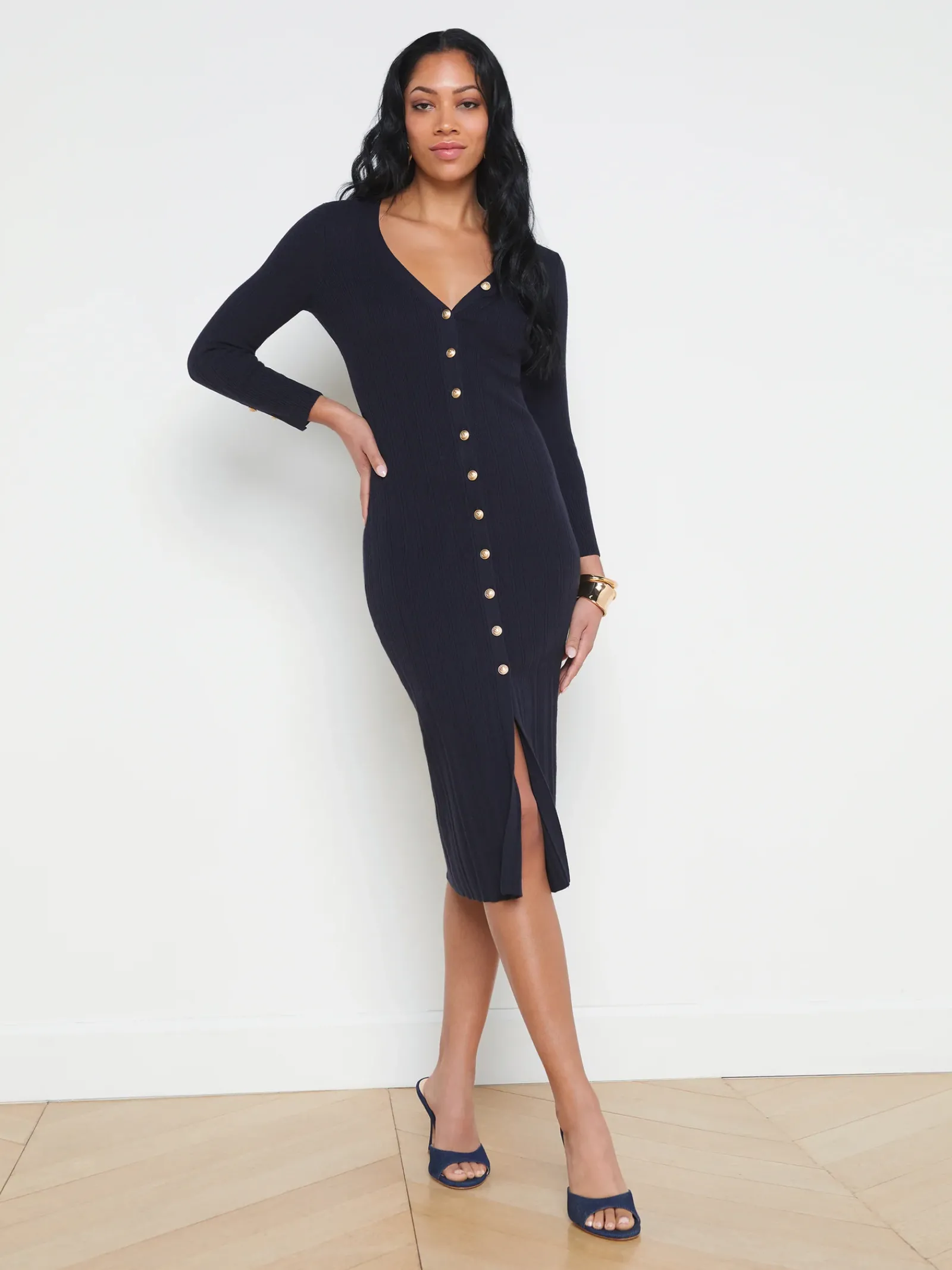 L'AGENCE Spring Collection|Knitwear|Kyra Ribbed Duster Dress Midnight/Gold