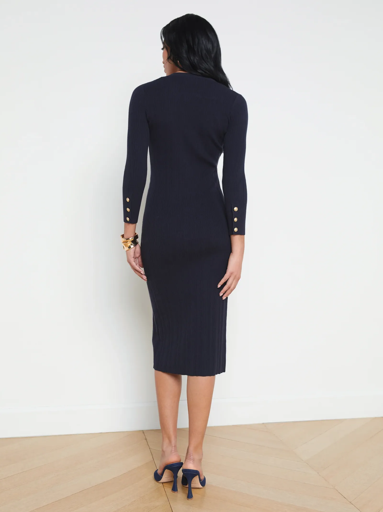 L'AGENCE Spring Collection|Knitwear|Kyra Ribbed Duster Dress Midnight/Gold