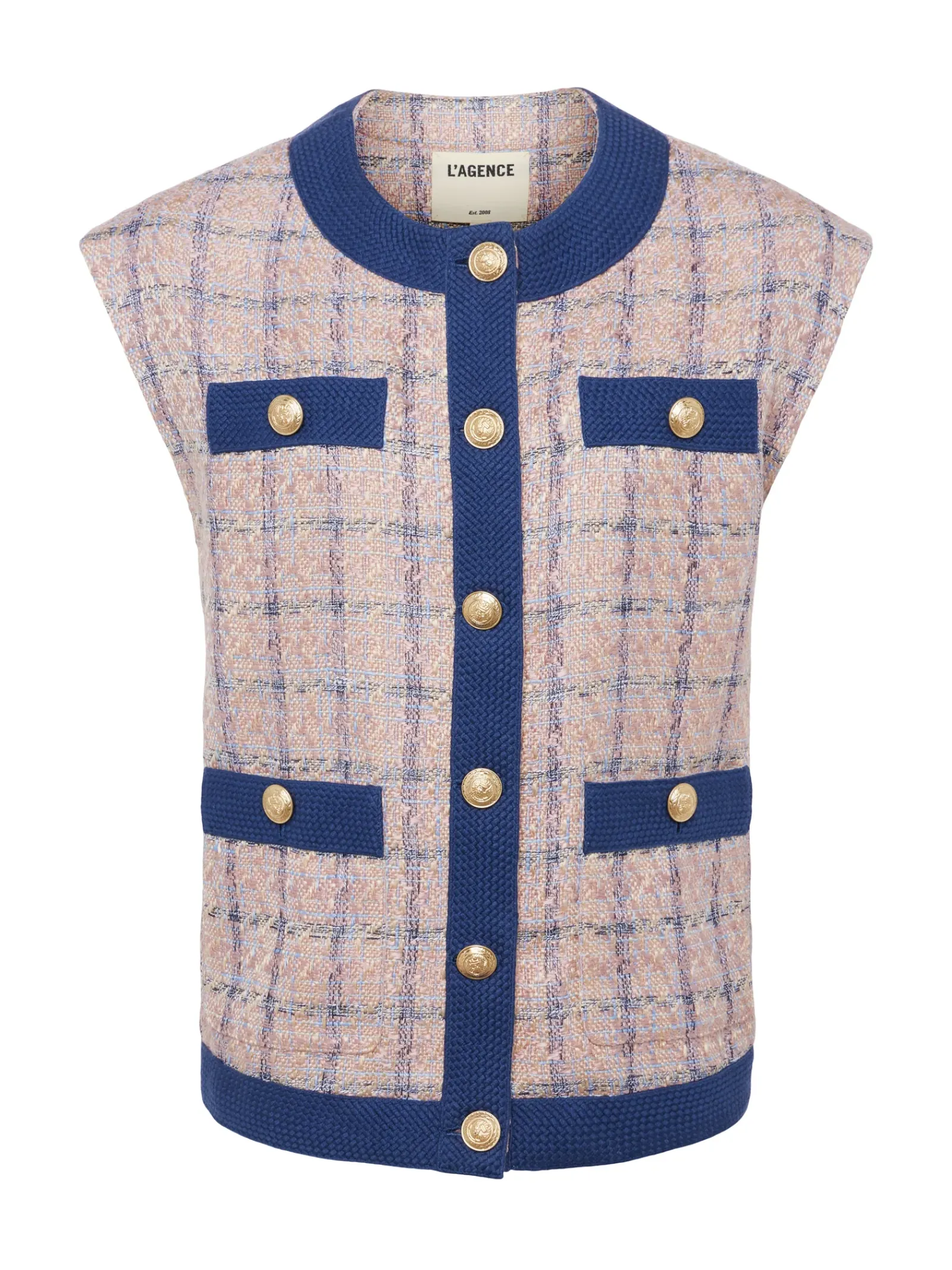 L'AGENCE Spring '24 Catalog|Spring Collection|Laurel Tweed Oversized Vest Tan/Dusty Pink/Blue