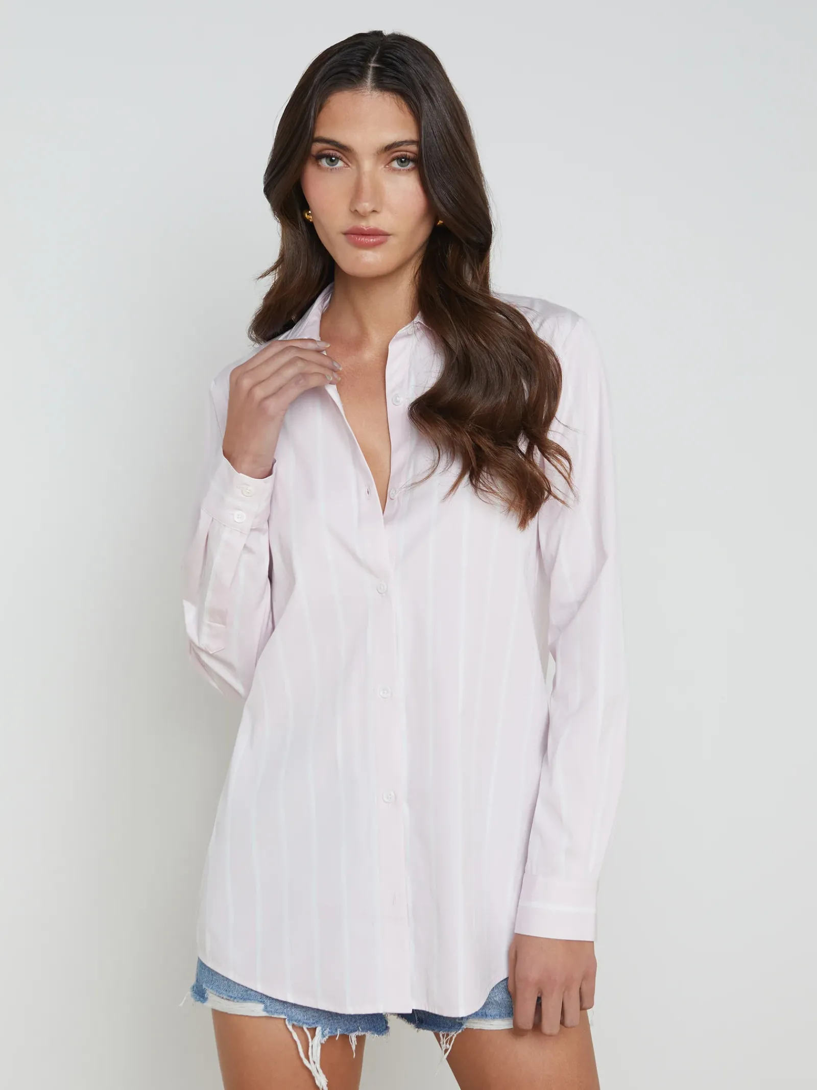 L'AGENCE Spring Collection|Blouses & Tops|Layla Back-Vent Poplin Tunic Lilac Snow/White Stripe