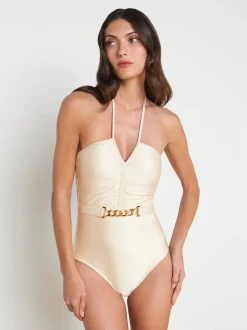 L'AGENCE Spring Collection|Swimwear|Leila Halter One-Piece Swimsuit Champagne