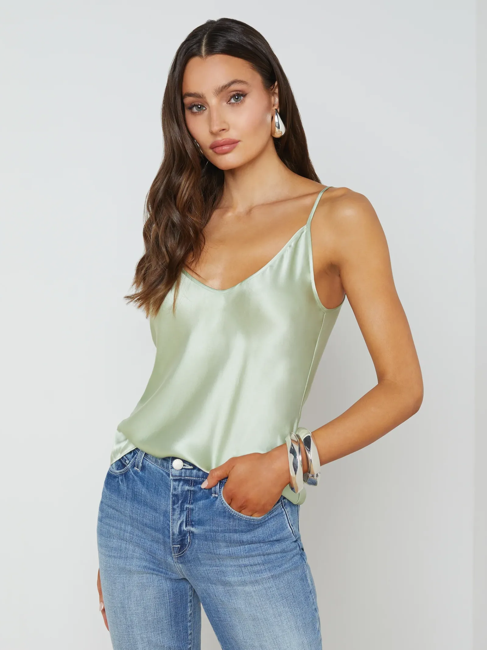 L'AGENCE Online Exclusives|Spring '24 Catalog|Lexi Silk Camisole Laurel Green