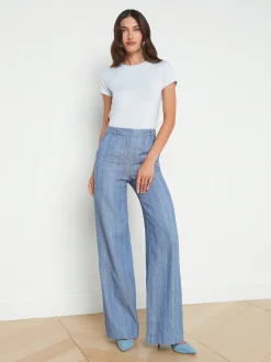 L'AGENCE Sets|Spring Collection|Livvy Linen-Blend Straight Leg Trouser Slate Blue Pinstripe
