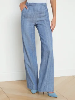 L'AGENCE Sets|Spring Collection|Livvy Linen-Blend Straight Leg Trouser Slate Blue Pinstripe