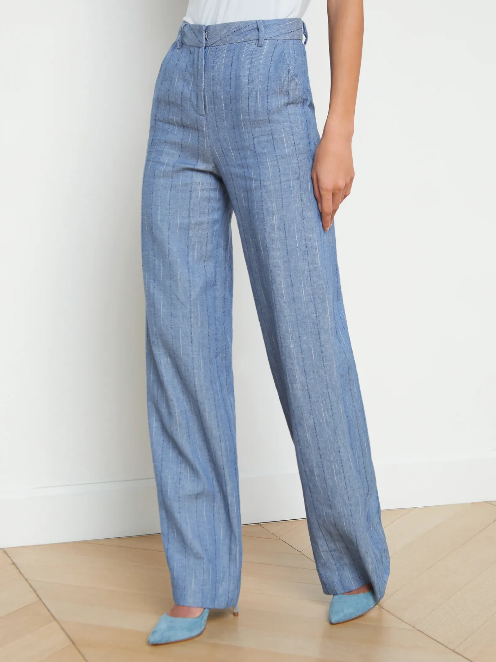 L'AGENCE Sets|Spring Collection|Livvy Linen-Blend Straight Leg Trouser Slate Blue Pinstripe