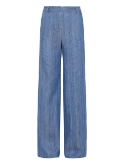 L'AGENCE Sets|Spring Collection|Livvy Linen-Blend Straight Leg Trouser Slate Blue Pinstripe