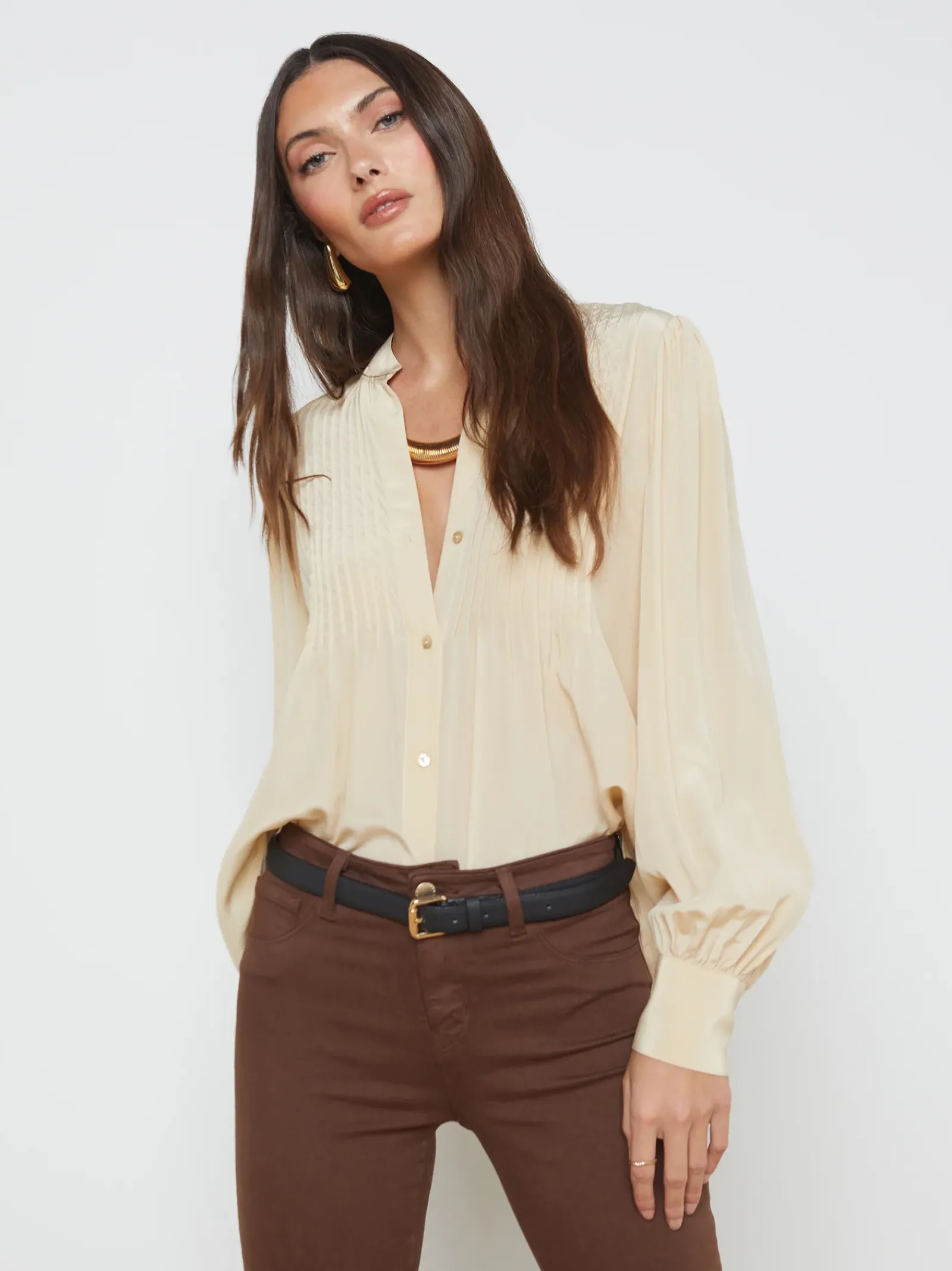L'AGENCE Resort Collection|Silks|Mirage Blouse Pebble
