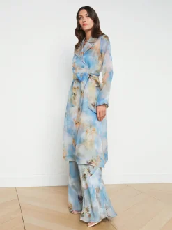 L'AGENCE Spring '24 Catalog|Spring Collection|Moda Silk Organza Trench Coat Light Blue Multi Renaissance