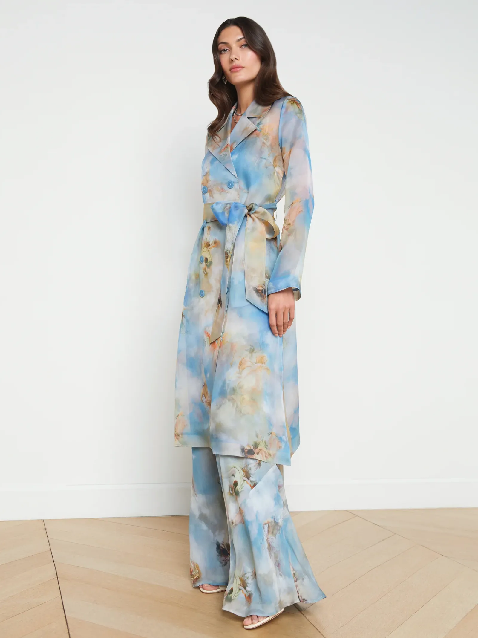 L'AGENCE Spring '24 Catalog|Spring Collection|Moda Silk Organza Trench Coat Light Blue Multi Renaissance