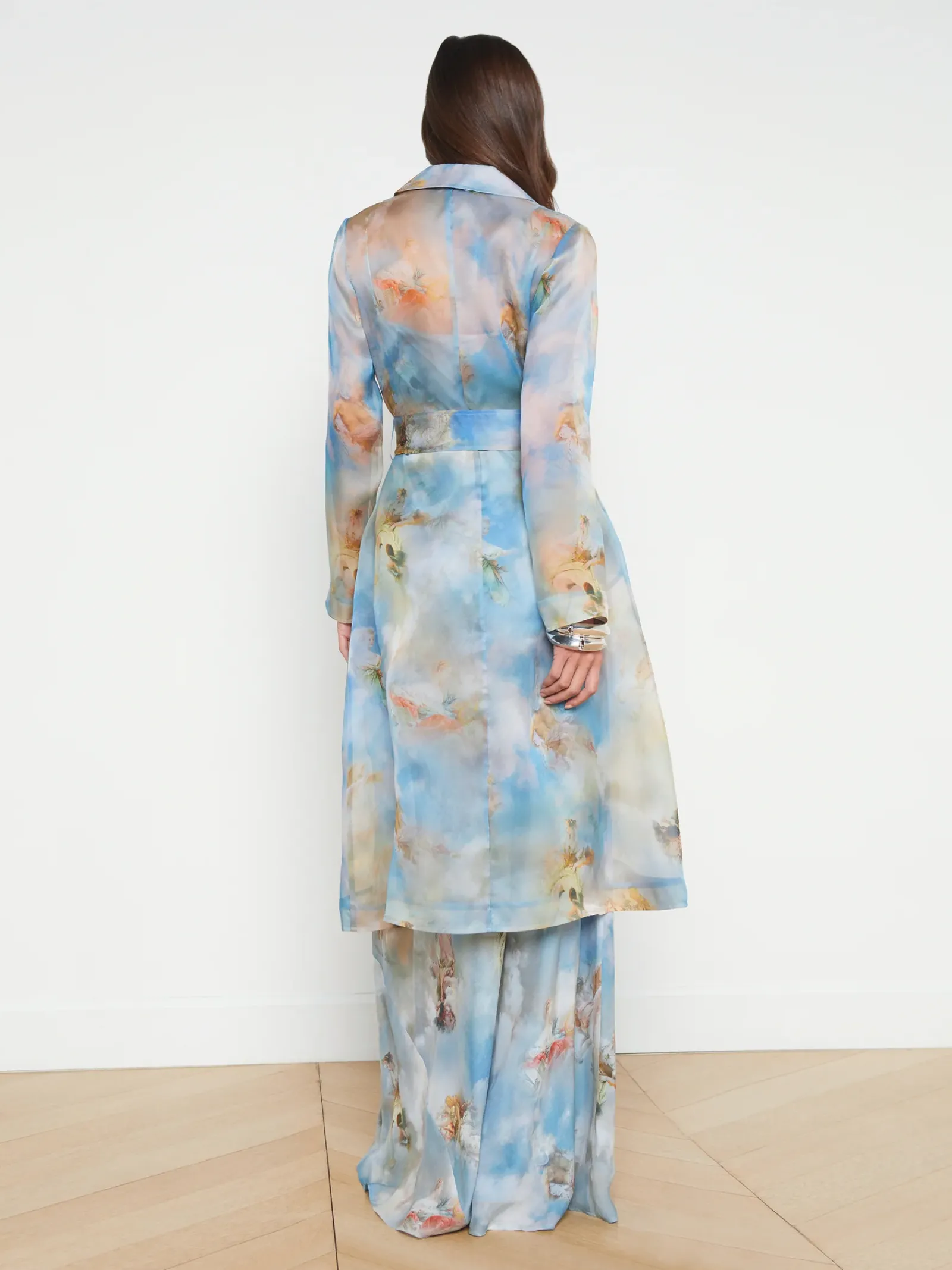 L'AGENCE Spring '24 Catalog|Spring Collection|Moda Silk Organza Trench Coat Light Blue Multi Renaissance