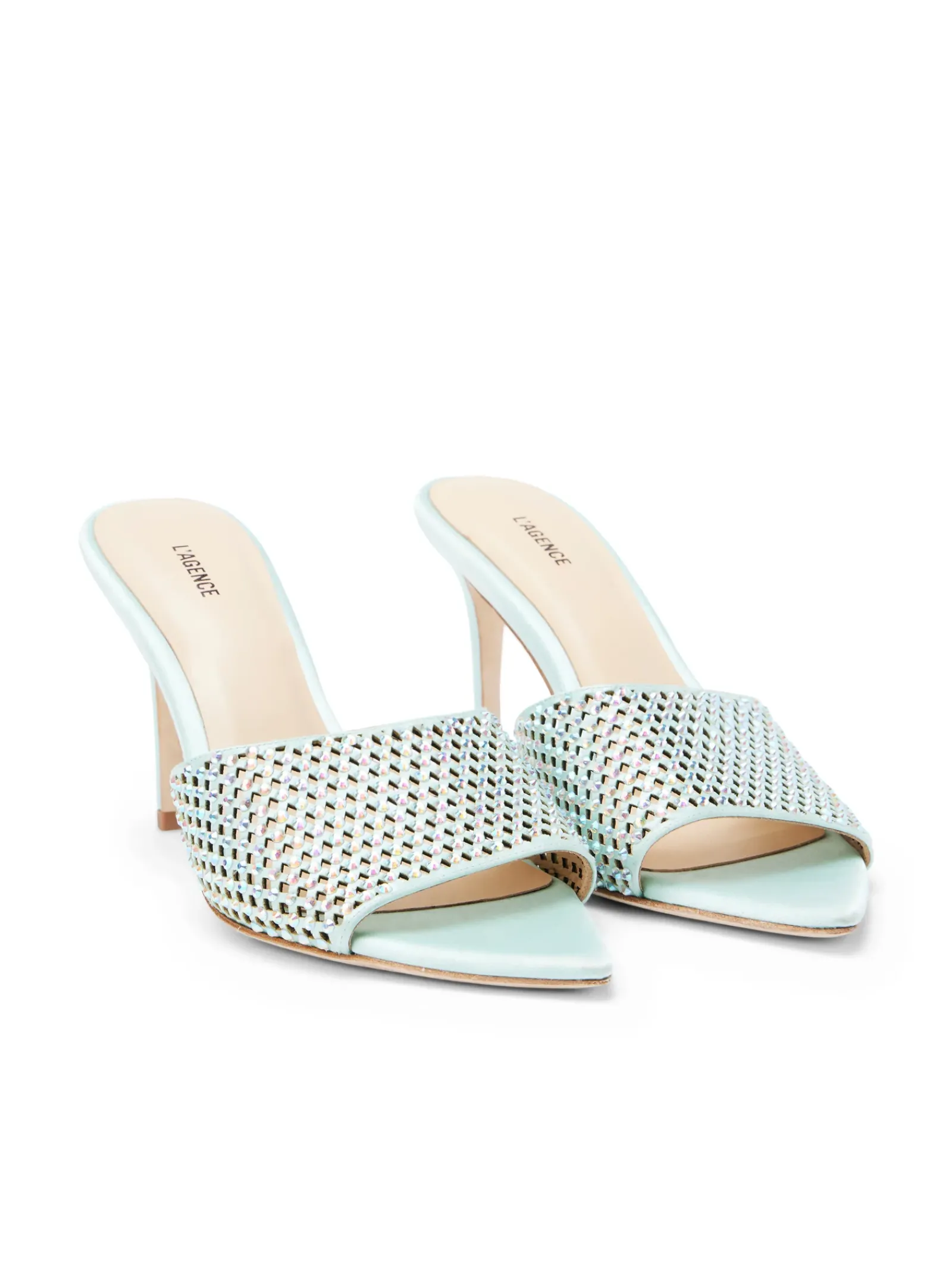 L'AGENCE Resort Collection|Mules|Narcise Open Toe Mule Mint Satin