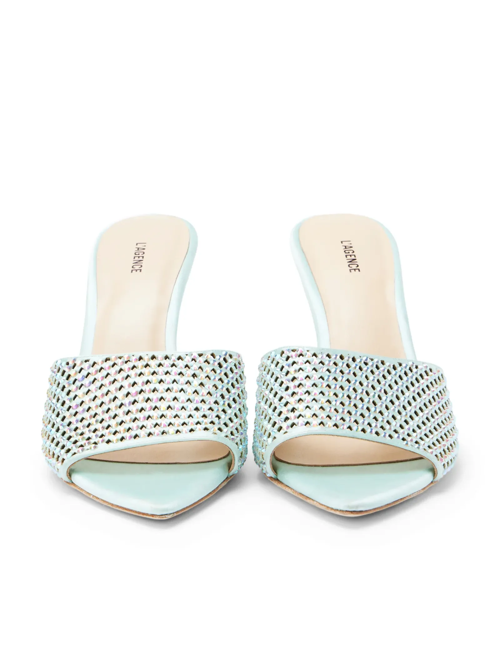 L'AGENCE Resort Collection|Mules|Narcise Open Toe Mule Mint Satin