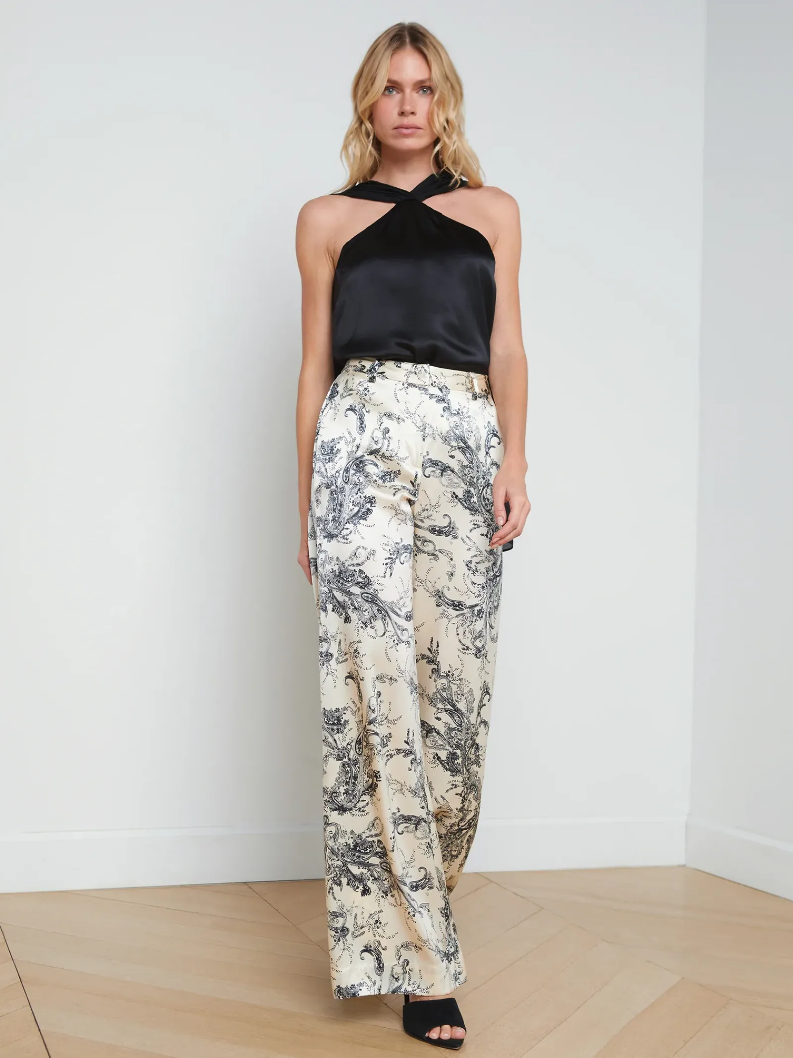 L'AGENCE Sets|Print Edition|Pilar Silk Wide-Leg Pant Ecru/Black Sketch Paisley