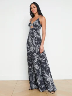 L'AGENCE Print Edition|Spring Collection|Porter Twist-Front Dress Black/Ecru Sketch Paisley