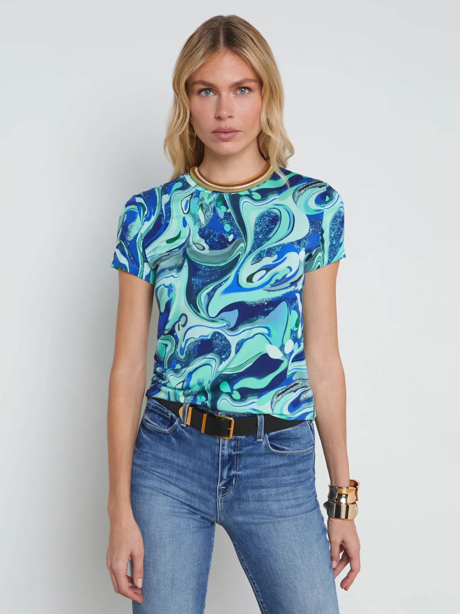 L'AGENCE Print Edition|Spring Collection|Ressi Fitted Tee Mint Multi Tie Dye Swirl