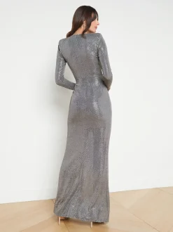 L'AGENCE Spring Collection|Dresses & Jumpsuits|Rosetta Sequin Twist-Front Dress Grey/Gold
