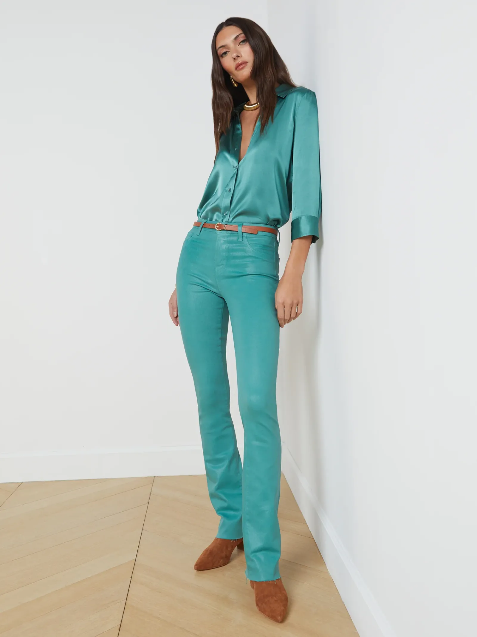 L'AGENCE Back in Stock|Resort Collection|Ruth Coated Straight-Leg Jean Green Jasper Coated