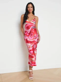 L'AGENCE Print Edition|Spring Collection|Seridie Silk Slip Dress Pink Multi Tie Dye Swirl