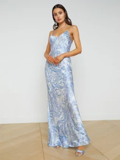 L'AGENCE Spring '24 Catalog|Spring Collection|Serita Silk Slip Dress Ivory/Blue Decorated Paisley