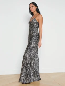L'AGENCE Spring Collection|Print Edition|Serita Silk Slip Dress Black/Ecru Map of Paris