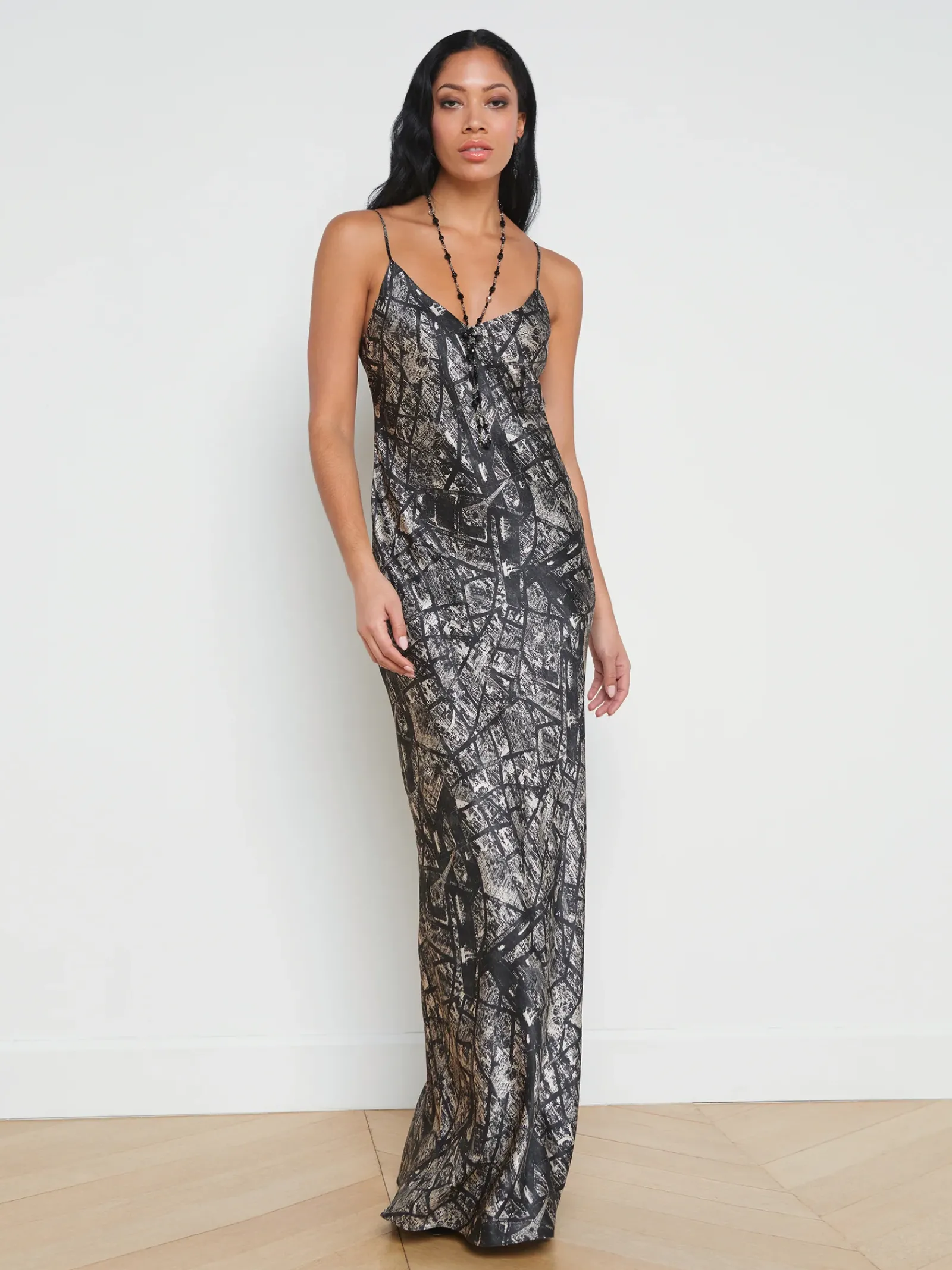 L'AGENCE Spring Collection|Print Edition|Serita Silk Slip Dress Black/Ecru Map of Paris